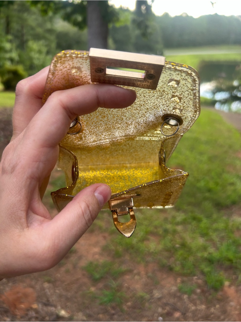 Gold Glitter Jelly Mini Top Handle Bag with Faux Pearl Handle - Picture 5 of 7